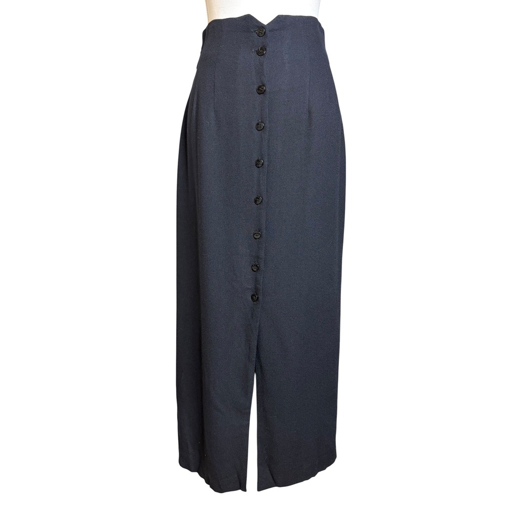 Vintage 90s Express Maxi Skirt M Navy High Waist Button Front Minimalist USA - Picture 2 of 7
